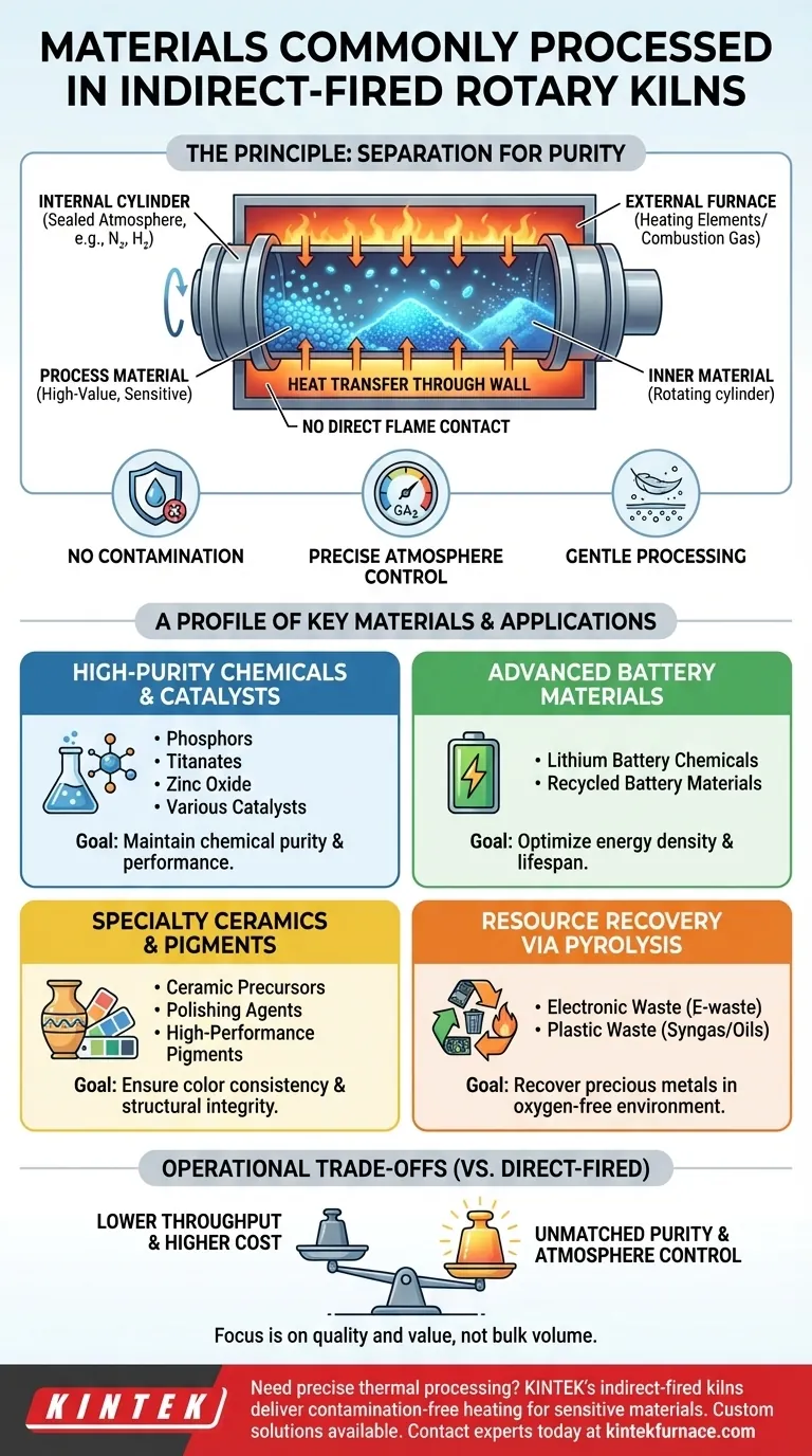 Какие типы материалов обычно обрабатываются во вращающихся печах с непрямым нагревом? Идеально подходит для высокочистых, чувствительных материалов Визуальное руководство
