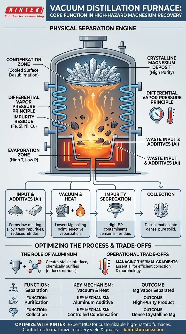 Qual é a função principal de um forno de destilação a vácuo em processos de recuperação de magnésio de resíduos de alto risco? Purificar e Reciclar Metal Valioso com Segurança Guia Visual