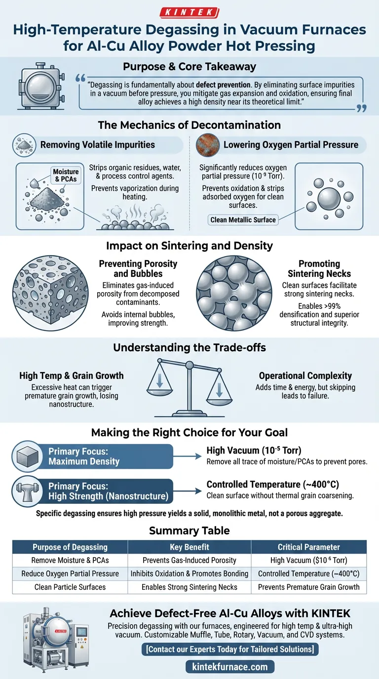 What is the purpose of performing high-temperature degassing in a vacuum furnace before the hot pressing of Al-Cu alloy powders? Ensure Maximum Density and Strength Visual Guide