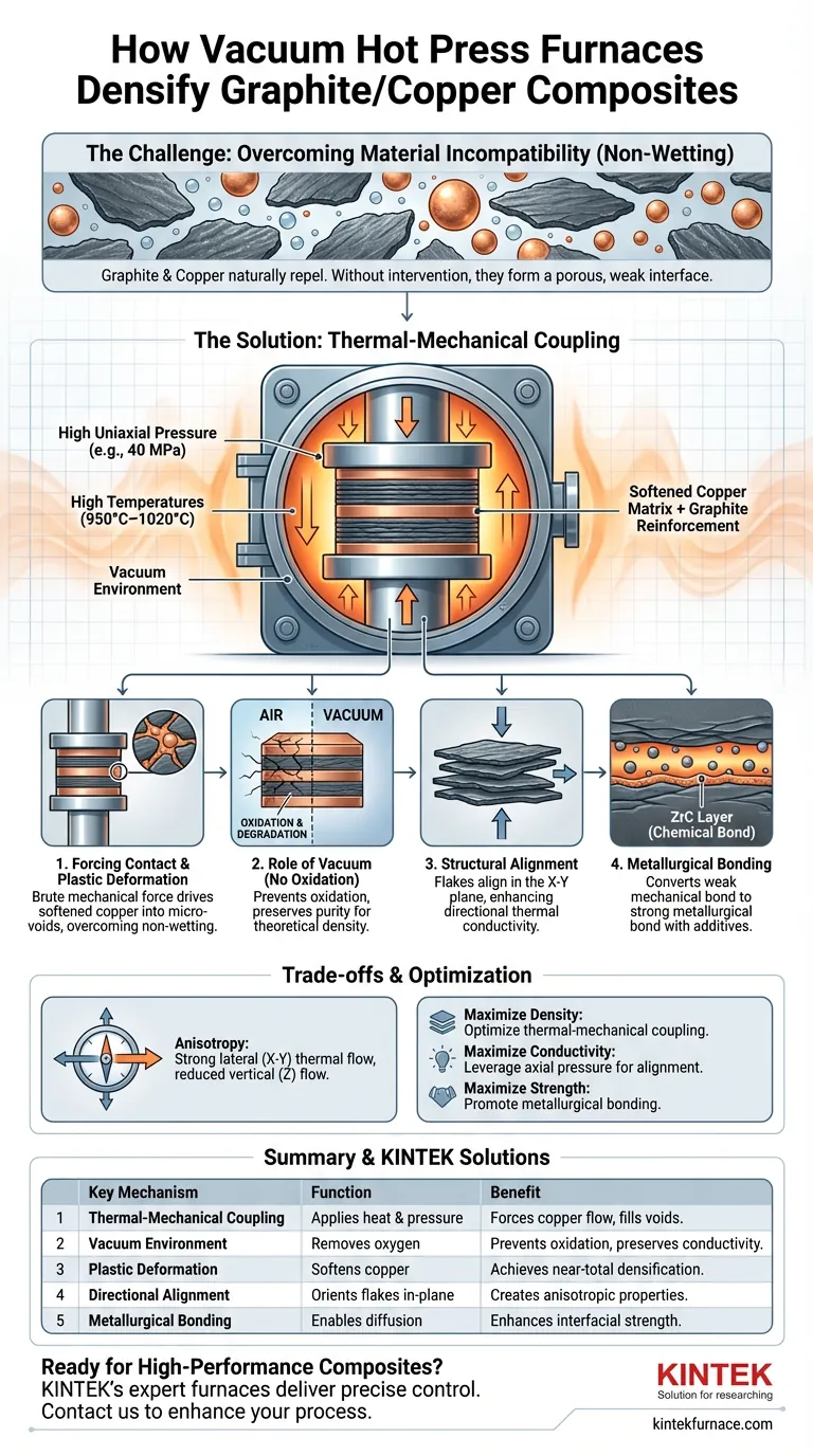 Como um forno de prensa a quente a vácuo promove a densificação na fabricação de compósitos de grafite em flocos/cobre? Obtenha Materiais Compósitos Superiores Guia Visual