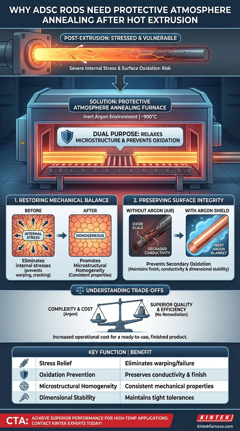 Why is a protective atmosphere annealing furnace required for treating Alumina Dispersion Strengthened Copper (ADSC) rods after the hot extrusion process? Ensure Dimensional Stability and Oxidation-Free Results Visual Guide