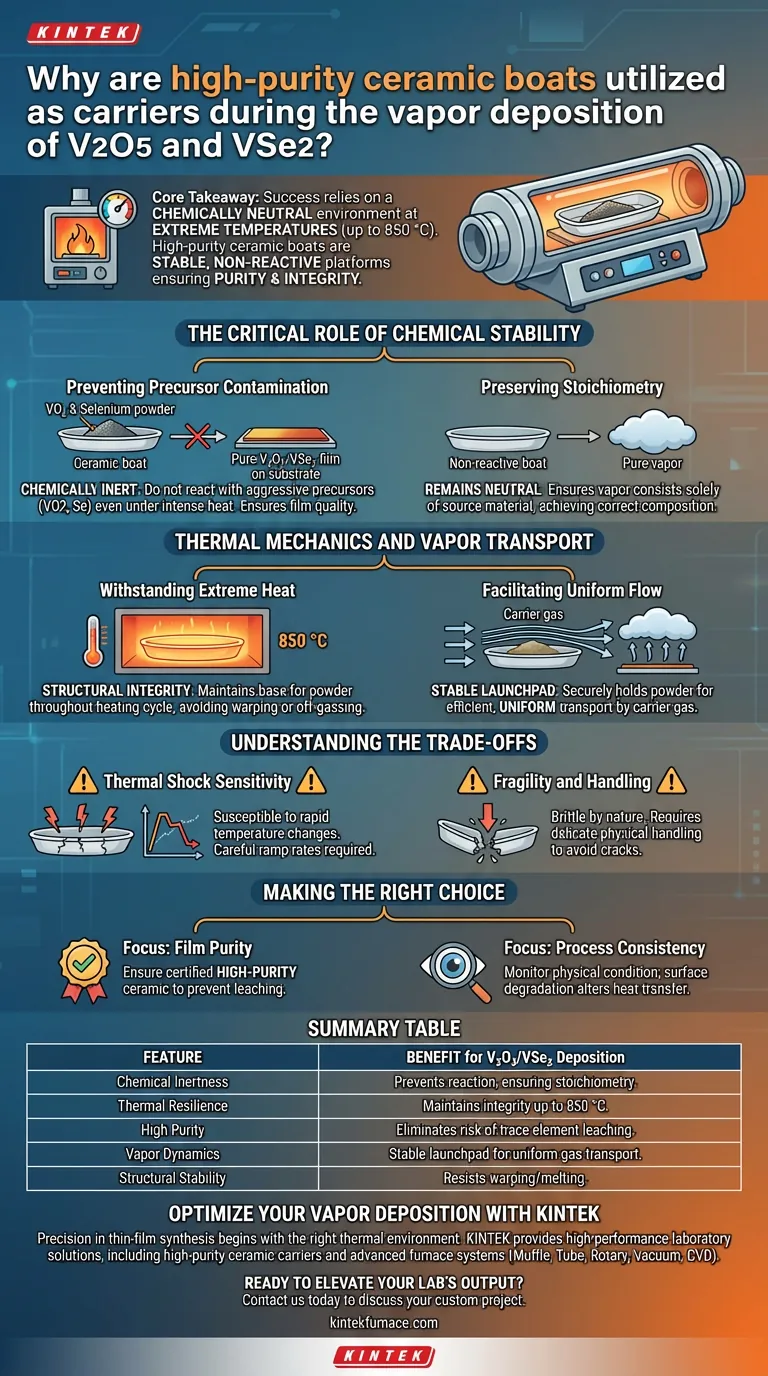 为什么高纯陶瓷舟用于 V2O5 和 VSe2 沉积？确保薄膜纯度和热稳定性 图解指南