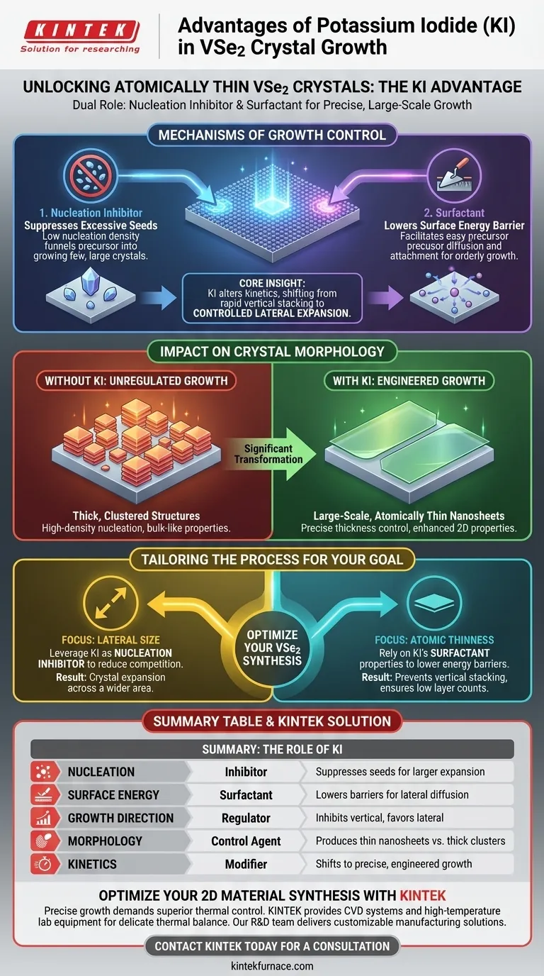 VSe2 결정 성장 촉진제로 KI를 사용하는 것의 이점은 무엇인가요? 크고 원자적으로 얇은 나노시트 달성 시각적 가이드