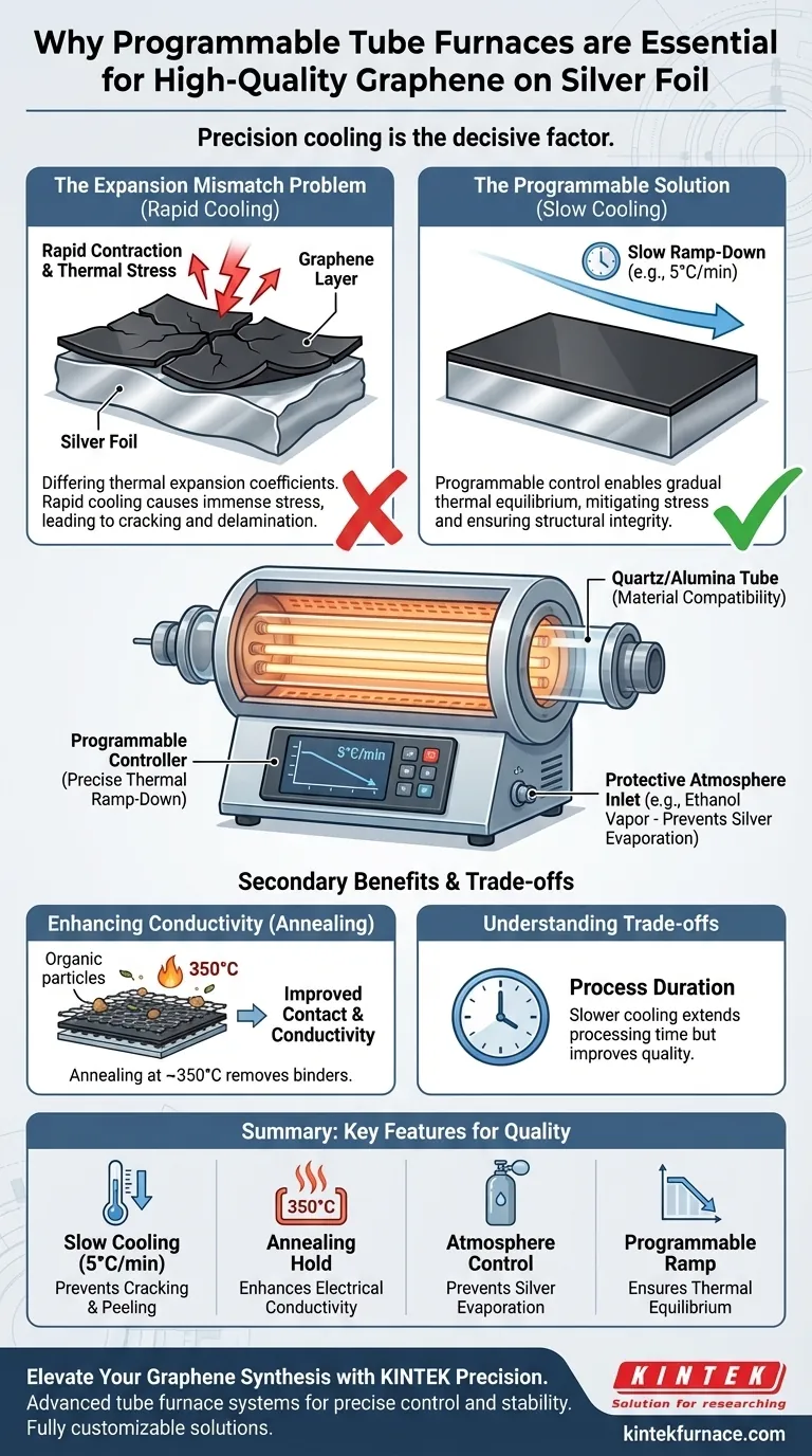 ¿Por qué es necesario un horno tubular con control de temperatura programable para el grafeno? Asegure grafeno de alta calidad sobre plata Guía Visual