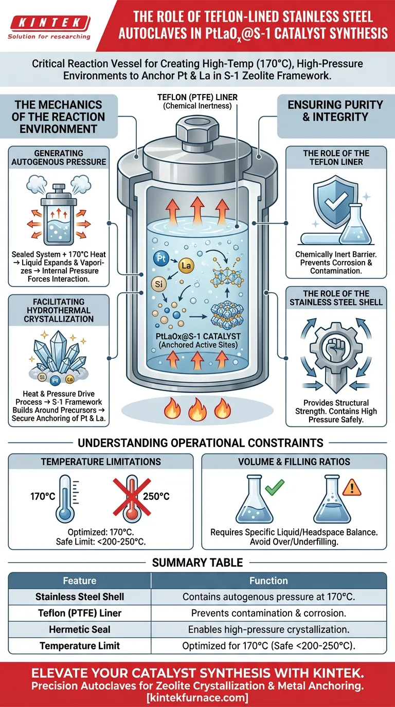 Quale ruolo svolge un'autoclave in acciaio inossidabile rivestita in Teflon nella sintesi idrotermale dei catalizzatori PtLaOx@S-1? Guida Visiva