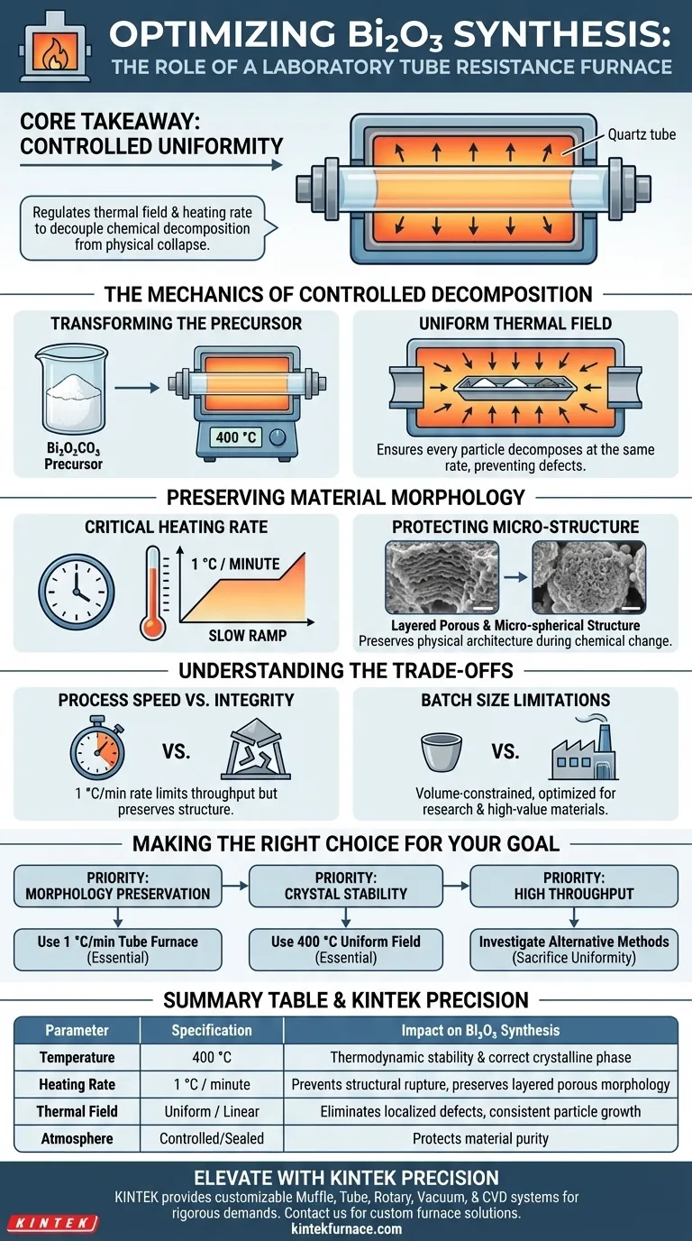 Как лабораторная трубчатая резистивная печь способствует стадии термической обработки прекурсоров Bi2O3? Визуальное руководство