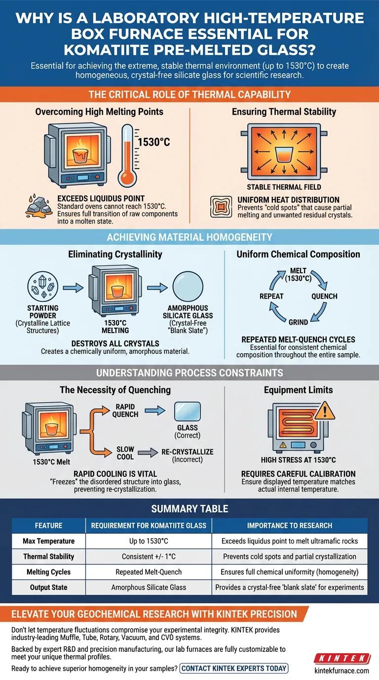 Por que um forno de caixa de alta temperatura de laboratório é essencial para vidro de komatiito? Alcance precisão de 1530°C Guia Visual
