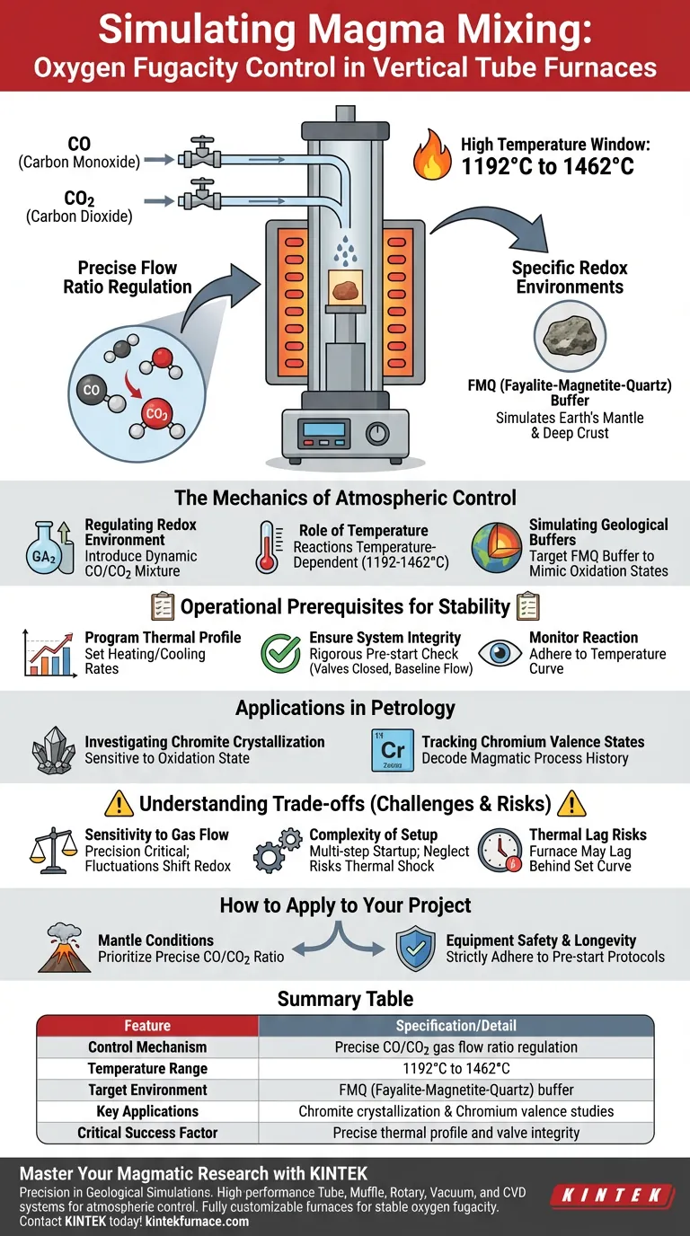 How does a vertical tube gas mixing furnace function in controlling oxygen fugacity? Achieve Precise Magma Simulations Visual Guide