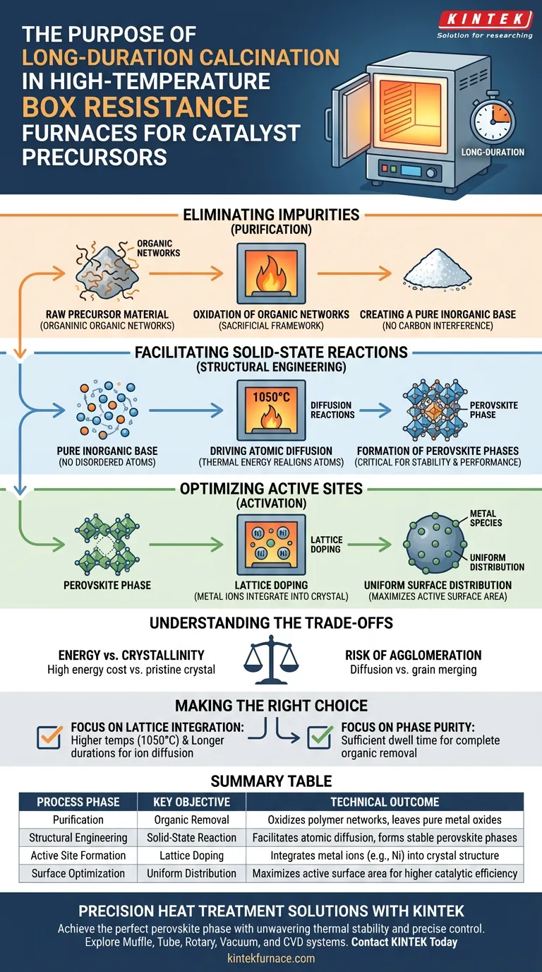 ¿Cuál es el propósito de la calcinación de larga duración en un horno de resistencia de caja a alta temperatura para precursores de catalizadores? Explicado Guía Visual