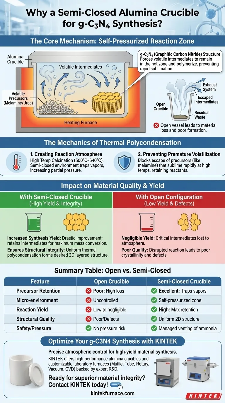 Pourquoi un creuset en alumine semi-fermé est-il requis pour le g-C3N4 ? Maximisez le rendement et la qualité de votre synthèse Guide Visuel