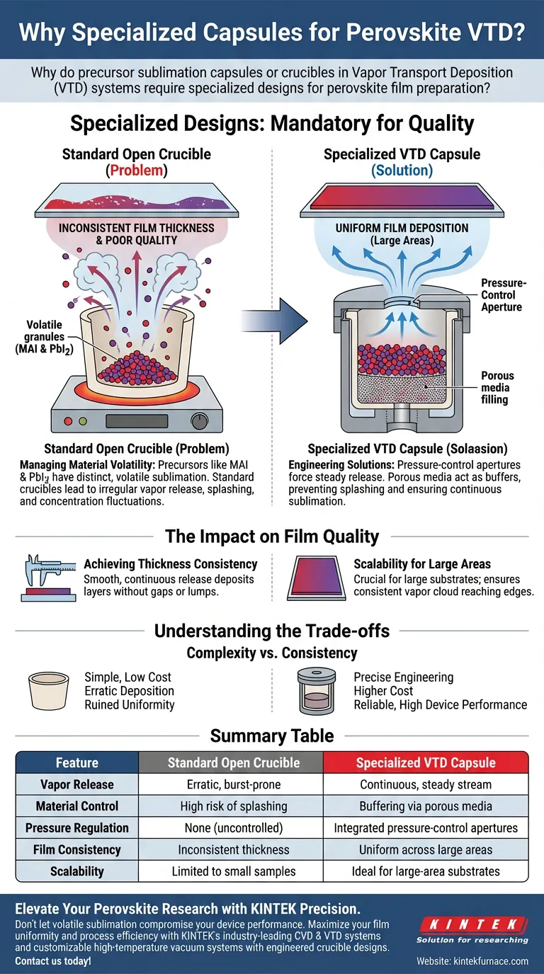 Por que as cápsulas de sublimação VTD precisam de designs especializados para perovskita? Alcançar uniformidade e estabilidade precisas do filme Guia Visual