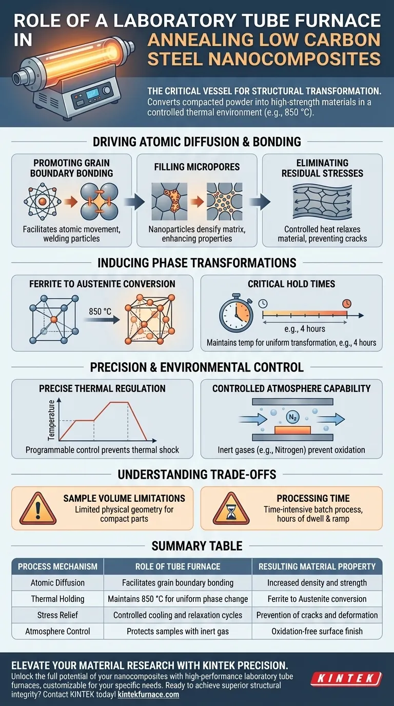 Qual o papel de um forno tubular de laboratório no recozimento de aço de baixo carbono? Calor de Precisão para Nano-compósitos Guia Visual