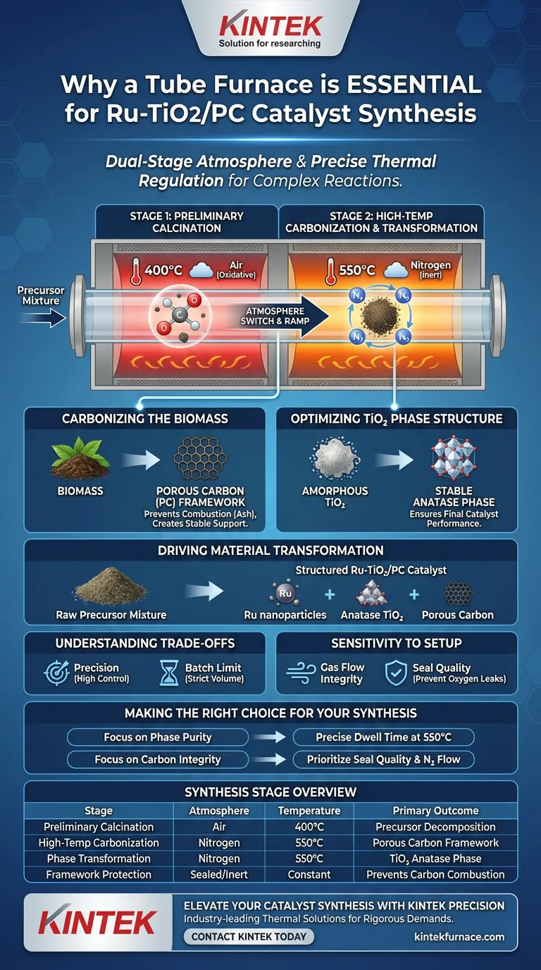 ¿Por qué es esencial un horno tubular para la síntesis del catalizador Ru-TiO2/PC? Domine el control complejo de la atmósfera Guía Visual