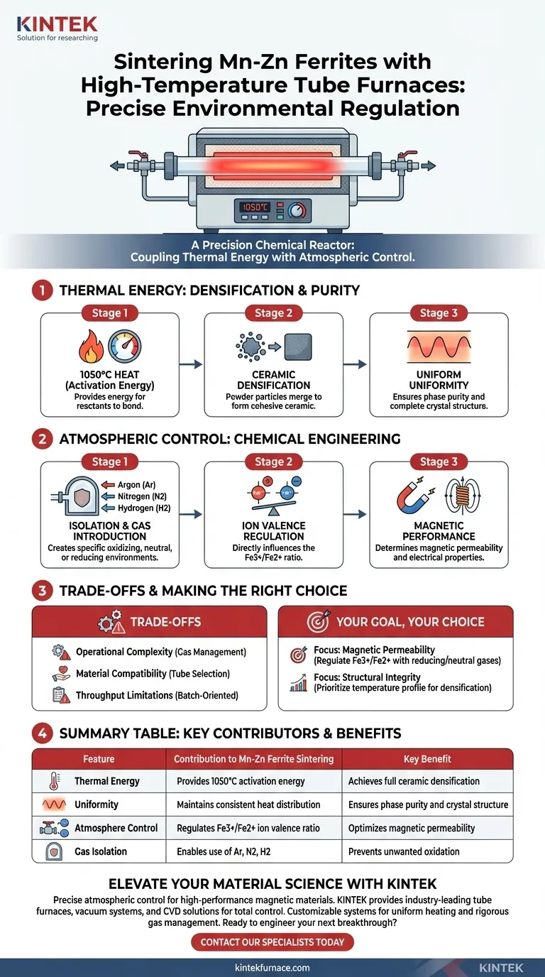 Como um forno tubular de alta temperatura contribui para a sinterização controlada por atmosfera de ferritas de Mn-Zn? Guia Visual