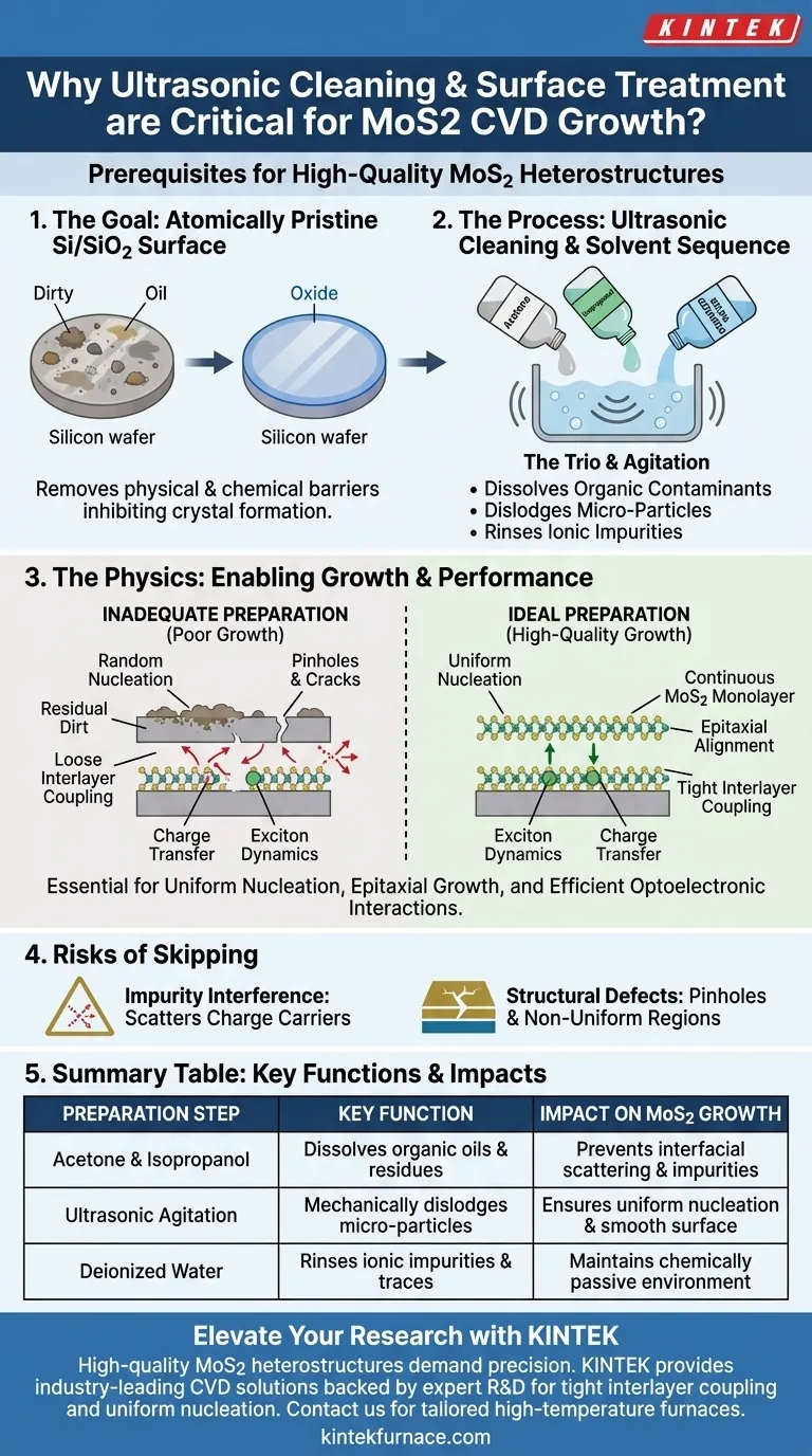 ¿Por qué se requiere la limpieza ultrasónica de sustratos de Si/SiO2 antes del crecimiento de MoS2? Garantizar resultados de CVD de alta calidad Guía Visual