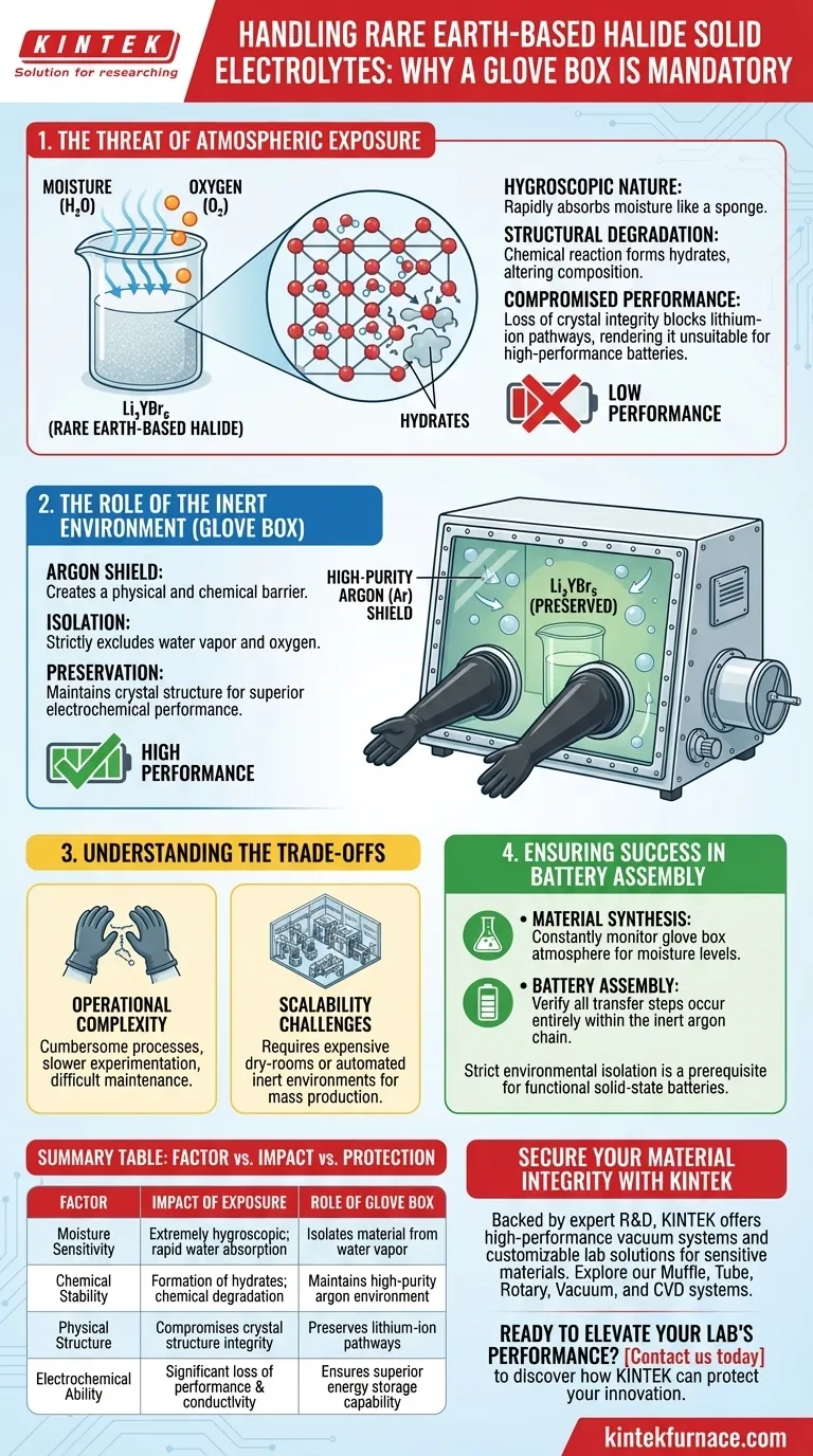 ¿Por qué los electrolitos sólidos de haluro a base de tierras raras deben manipularse en una caja de guantes? Proteja sus materiales de la degradación Guía Visual