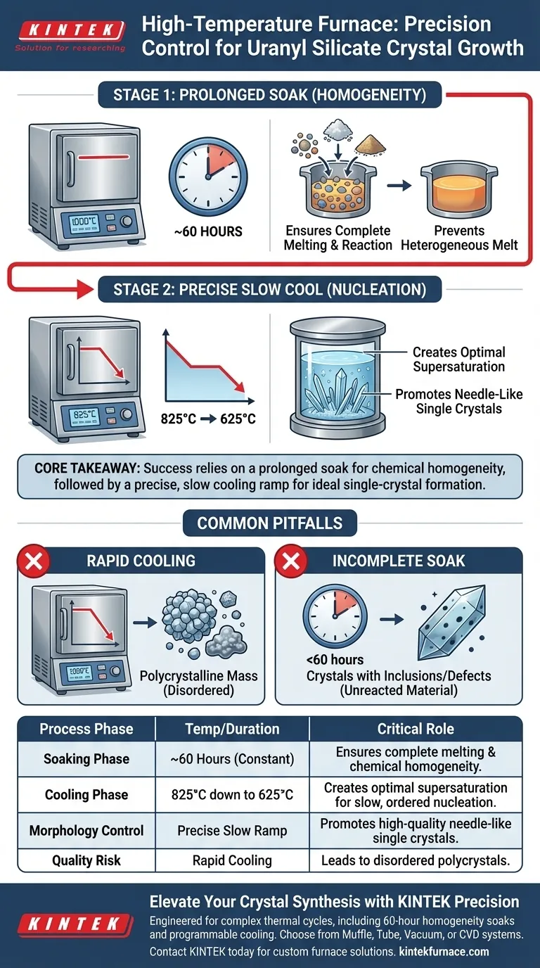 Quale ruolo svolge un forno ad alta temperatura nella crescita dei cristalli di silicato di uranile? Controllo preciso della temperatura Guida Visiva