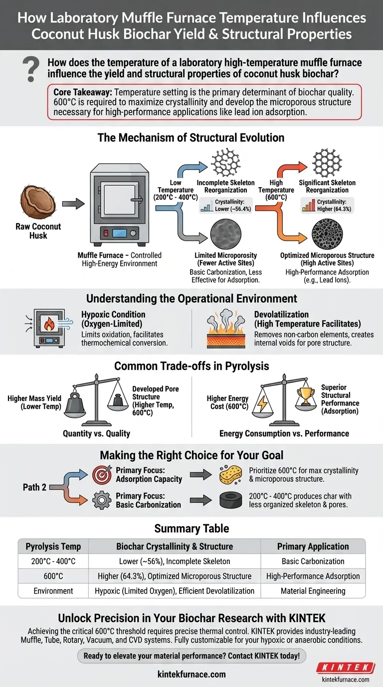 マッフル炉の温度はココナッツハスクバイオ炭にどのように影響しますか？結晶化度と収率の最適化 ビジュアルガイド