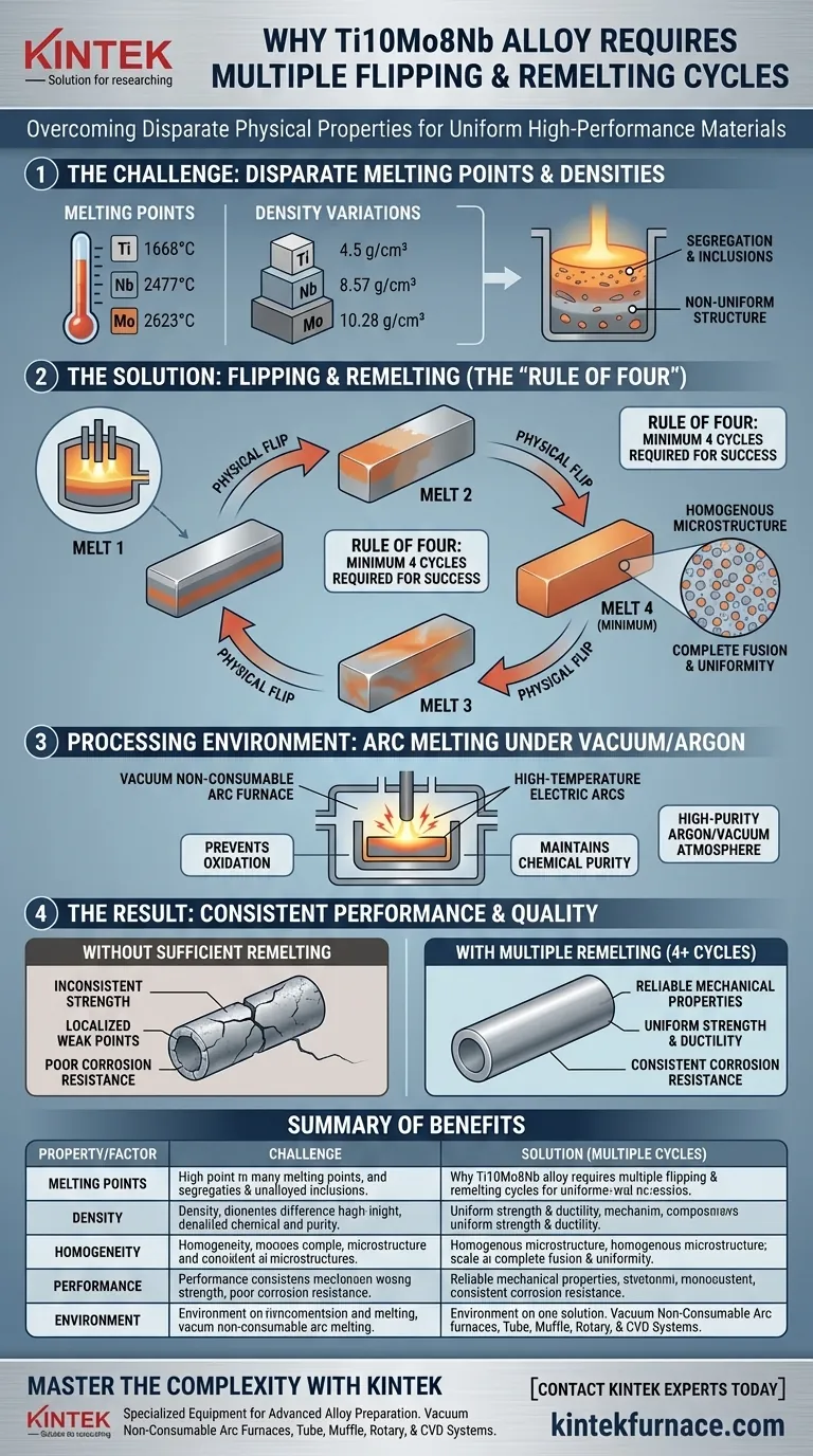 لماذا يعتبر التقليب وإعادة الصهر المتعدد ضروريًا لسبائك Ti10Mo8Nb؟ ضمان التجانس في السبائك عالية الأداء دليل مرئي