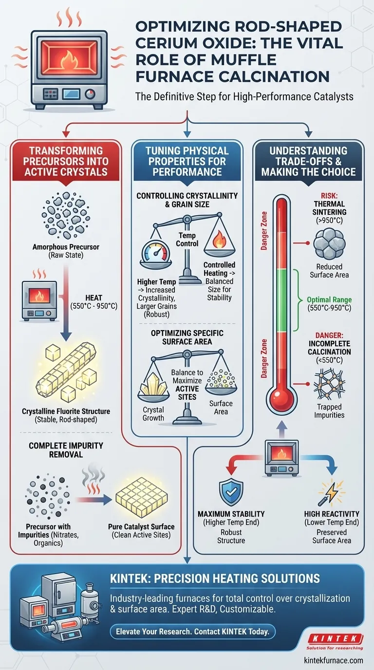 Perché la calcinazione in un forno a muffola è necessaria per i catalizzatori di ossido di cerio? Ottimizza le prestazioni del tuo catalizzatore a forma di bastoncino Guida Visiva