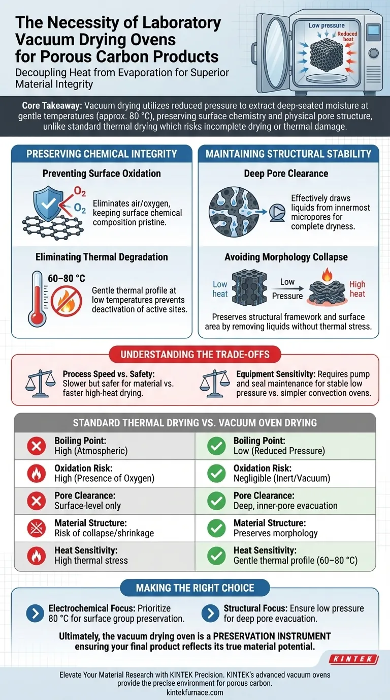 Qual é a necessidade de usar um forno de secagem a vácuo de laboratório? Preservando a Integridade do Carbono Poroso Guia Visual