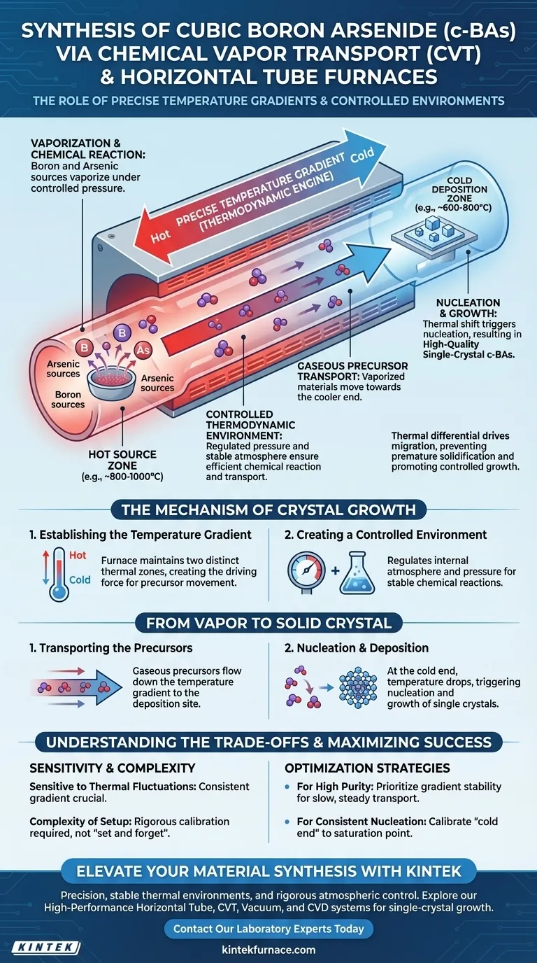 Какова основная роль оборудования для химического газотранспорта (ХГТ) и горизонтальных трубчатых печей в синтезе c-BAs? Прецизионный рост кристаллов Визуальное руководство