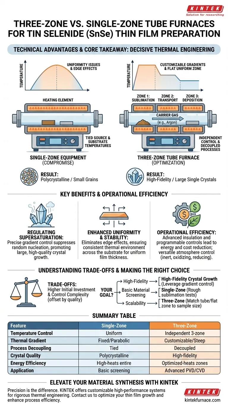 ¿Cuáles son las ventajas técnicas de utilizar un horno tubular de tres zonas? Mejora la calidad de la película delgada de SnSe Guía Visual