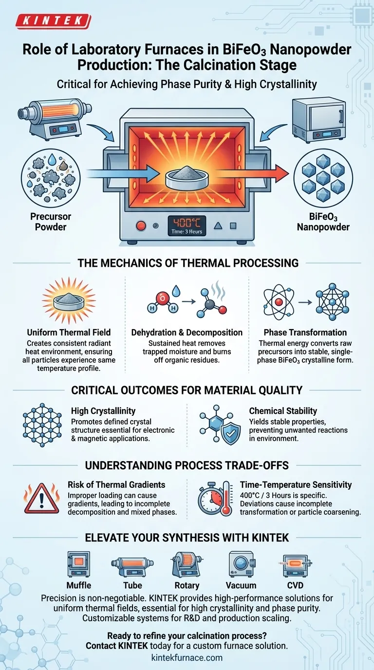 Qual é a função de um forno tubular de laboratório na produção de nanopó de BiFeO3? Domine o Estágio de Calcinação Guia Visual
