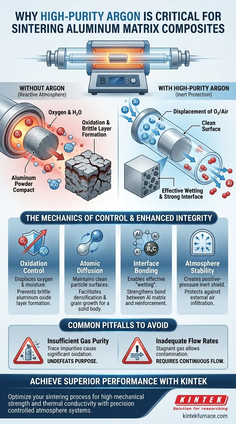 Why must high-purity argon gas be introduced for aluminum matrix composites? Ensure Sintering Success with KINTEK Visual Guide