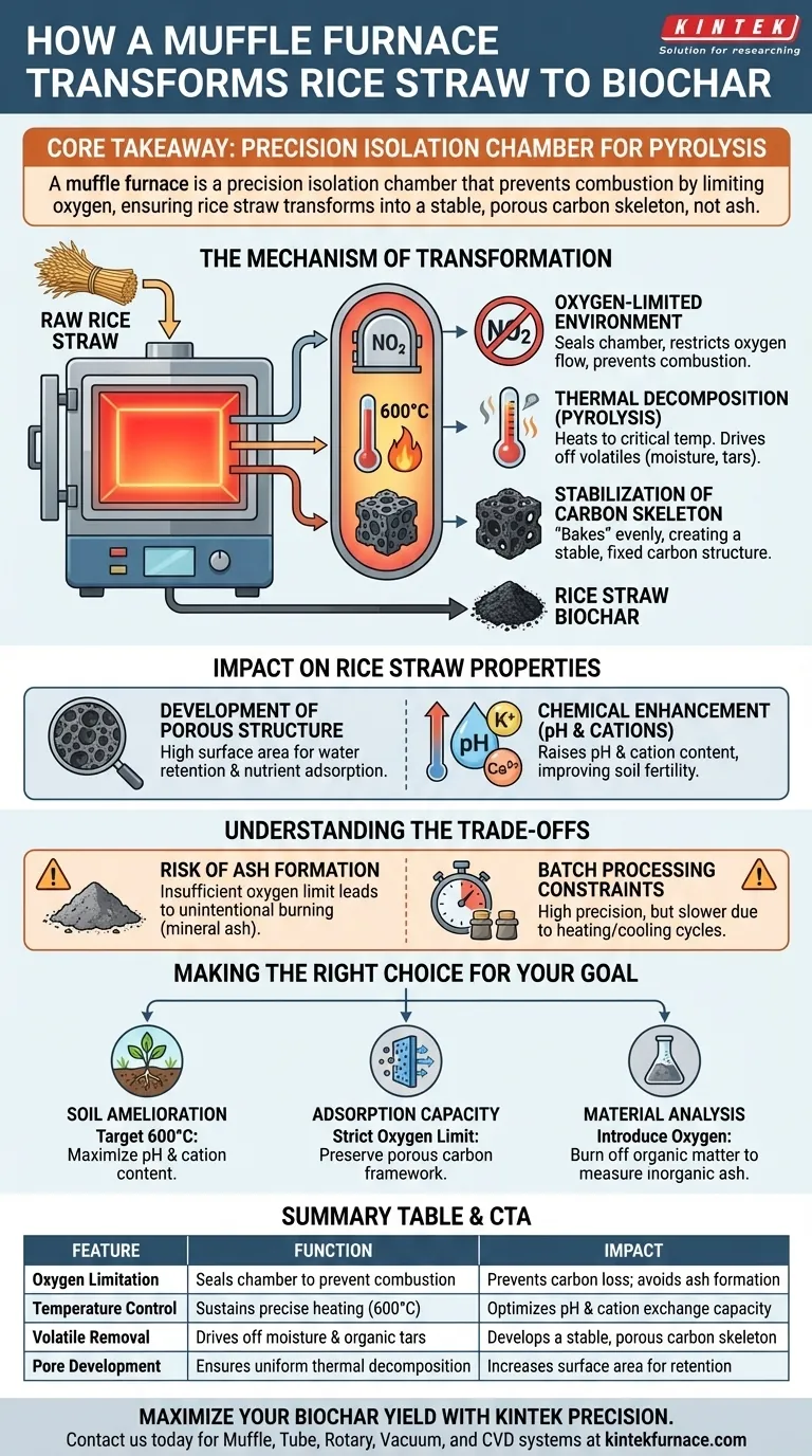 Qual é a função específica de um forno mufla na produção de biochar de palha de arroz? Papéis-chave da pirólise explicados Guia Visual