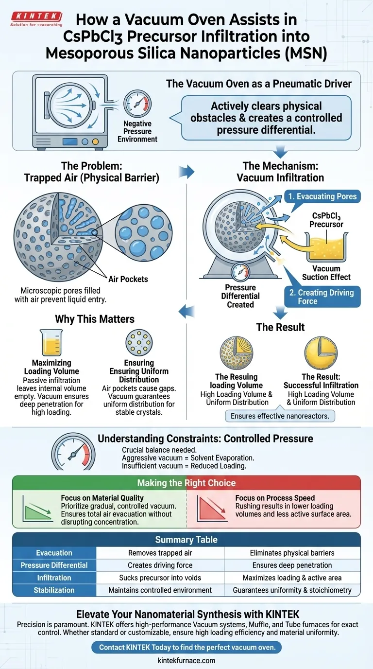 Como um forno a vácuo auxilia na infiltração de precursores de CsPbCl3 em MSN? Otimize sua Nano-Infiltração Guia Visual