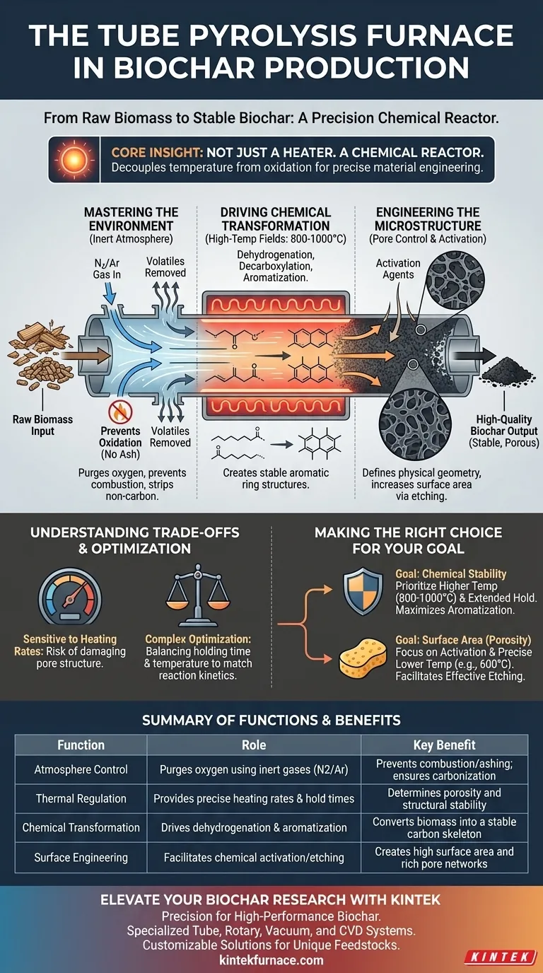 ¿Qué papel juega un horno de pirólisis tubular en la producción de biocarbón derivado de biomasa? Calidad de Materiales de Ingeniería Guía Visual