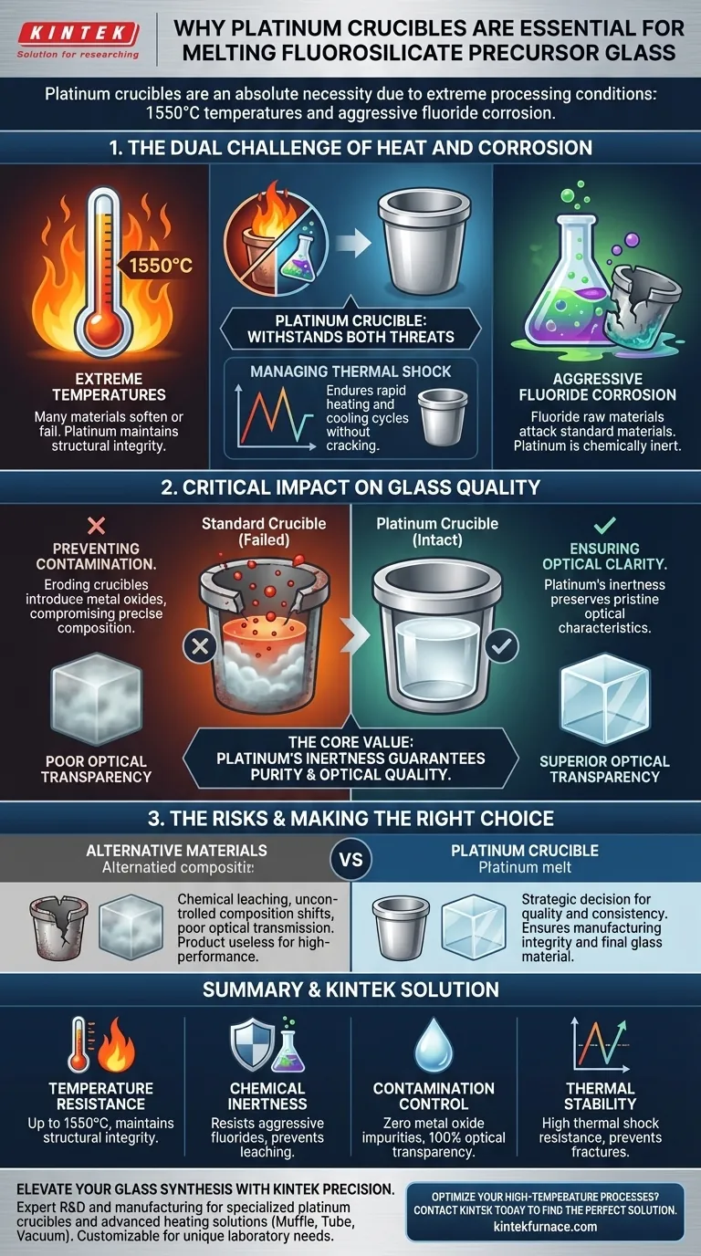 Por que um cadinho de platina é essencial para a fusão de vidro de fluorossilicato? Garanta a pureza a 1550°C Guia Visual