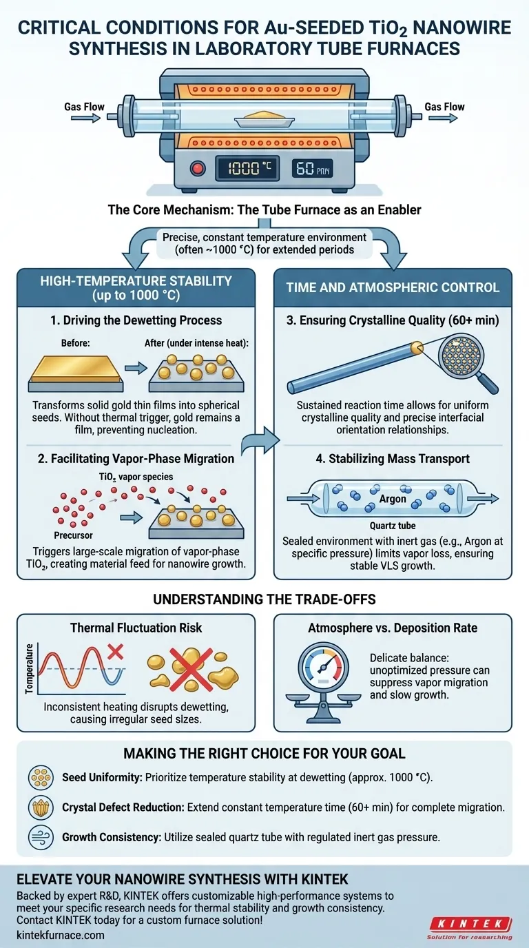 Какие условия обеспечивают трубчатые печи для нанопроволок TiO2 с золотыми зародышами? Мастерское прецизионное термическое синтезирование Визуальное руководство