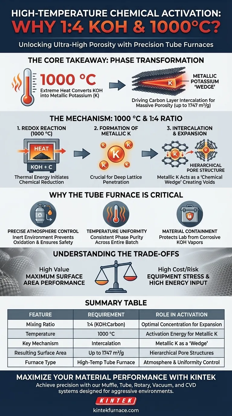 ¿Por qué una proporción de KOH de 1:4 y 1000 °C son esenciales para la activación química? Logrando un área superficial ultra alta Guía Visual
