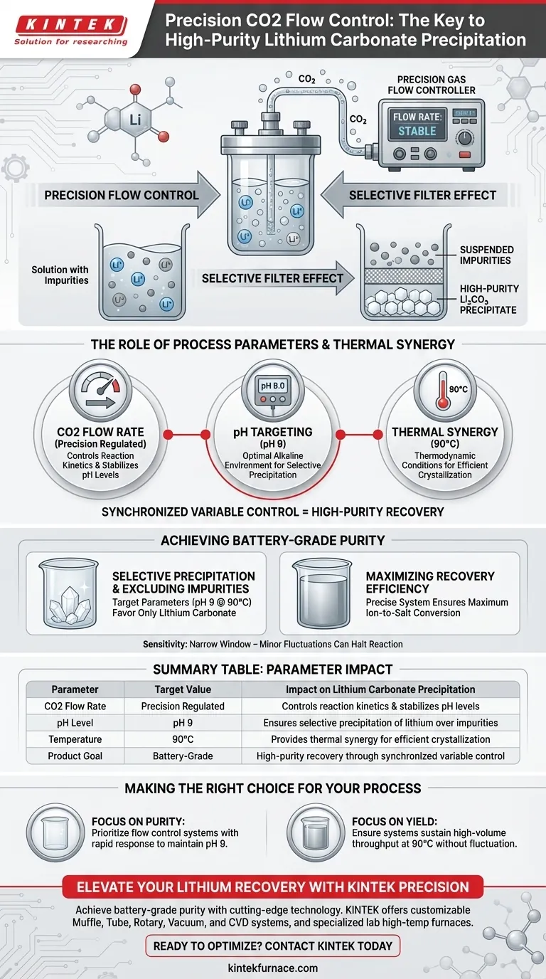 Como um sistema de controle de fluxo de gás de dióxido de carbono de precisão influencia a precipitação de carbonato de lítio de alta pureza? Guia Visual