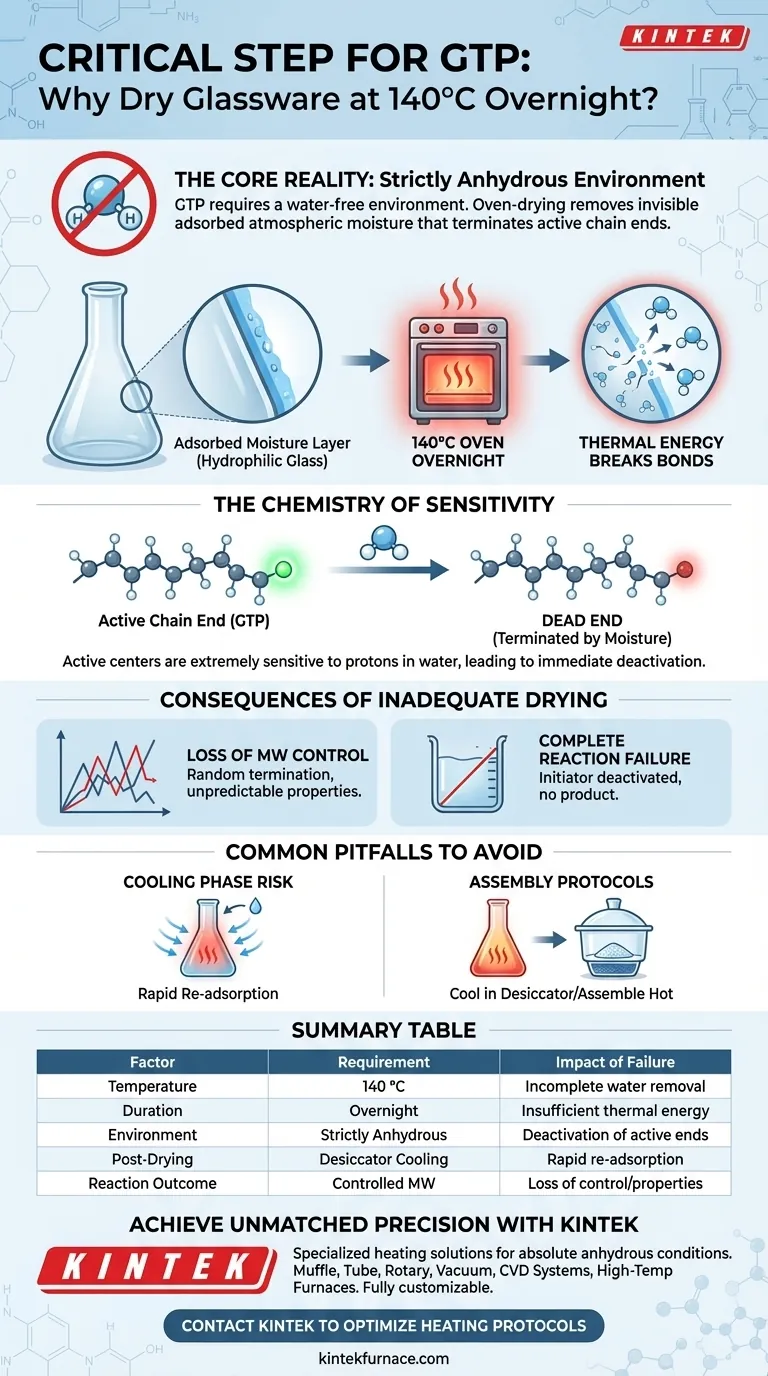 ¿Por qué es necesario secar la cristalería en un horno a 140 °C durante la noche antes de la GTP? Asegure una polimerización anhidra precisa Guía Visual