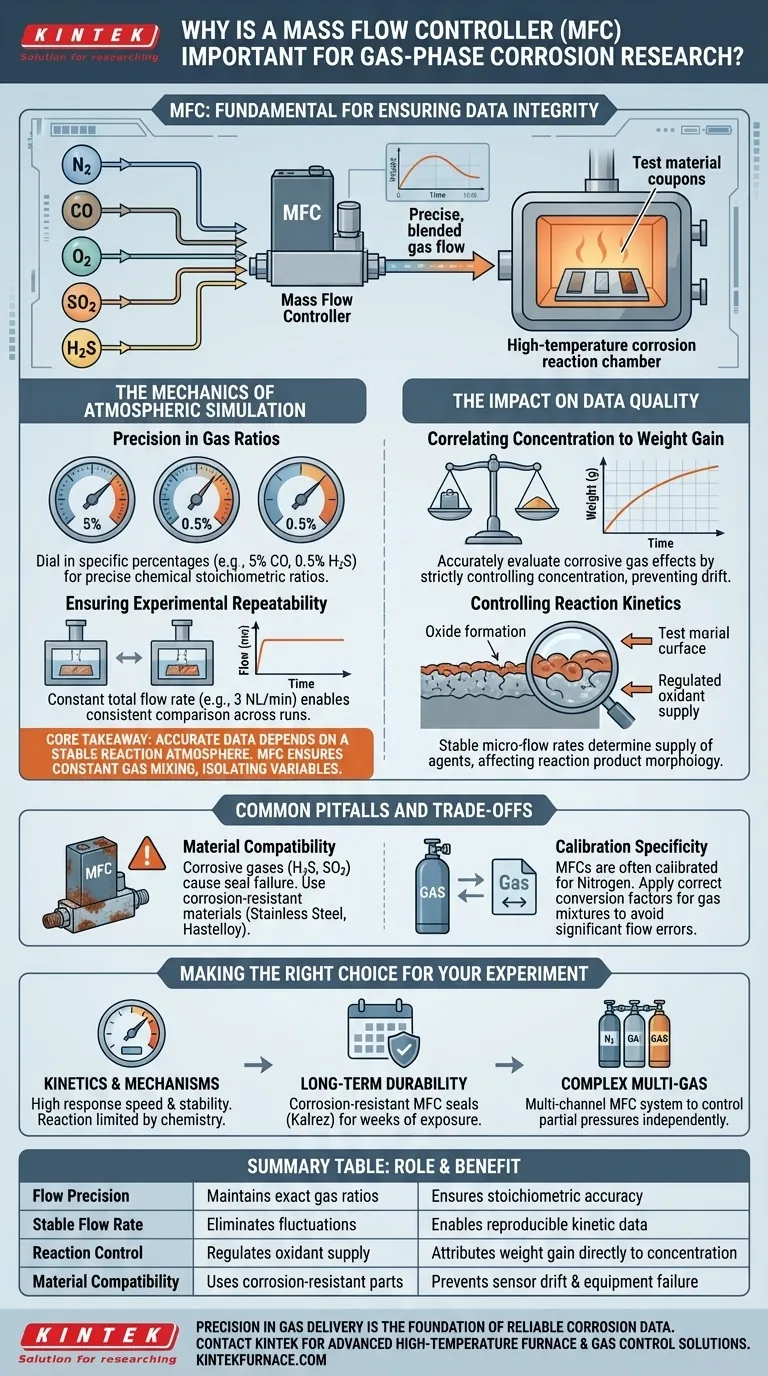 Por que um Controlador de Fluxo de Massa (MFC) é importante para a pesquisa de corrosão em fase gasosa? Garanta a integridade e a precisão dos dados Guia Visual