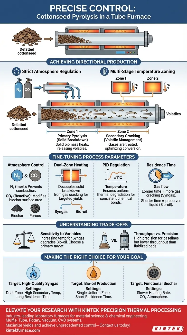 Как трубчатая печь обеспечивает точный контроль над компонентами продукта? Освойте пиролиз семян хлопка с высокой точностью Визуальное руководство