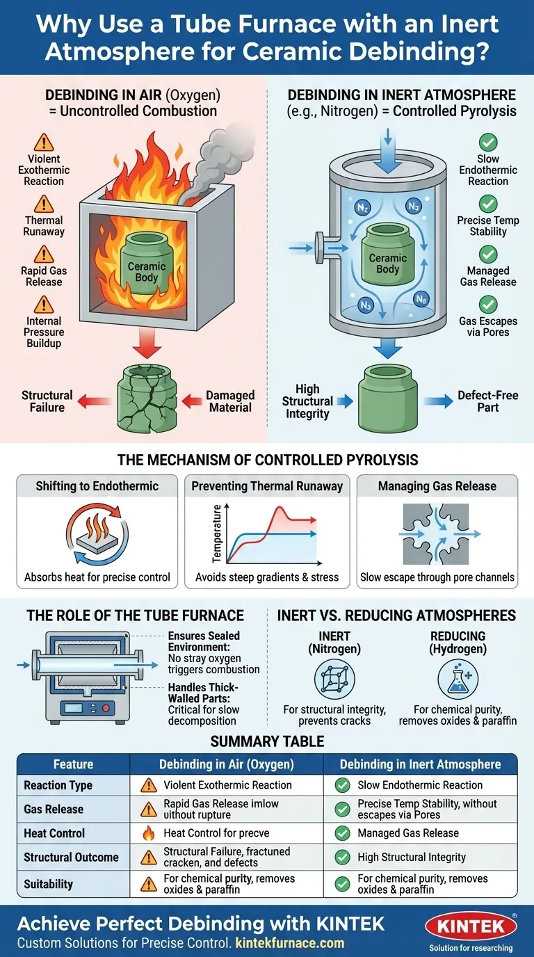 Por que é necessário usar um forno tubular com atmosfera inerte para a desaglomeração térmica de corpos verdes cerâmicos? Guia Visual