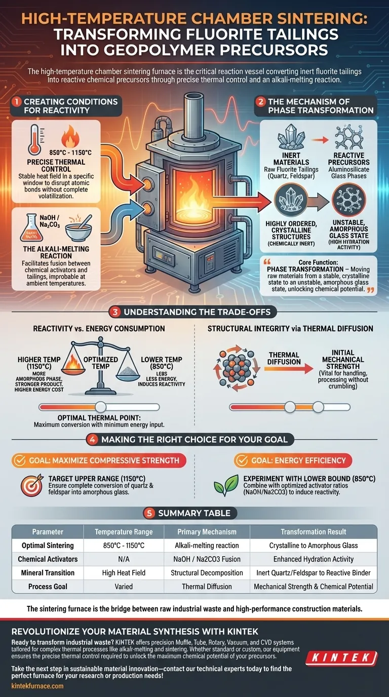 Como um forno de sinterização em câmara de alta temperatura contribui para precursores de geopolímeros à base de rejeitos de fluorita? Guia Visual