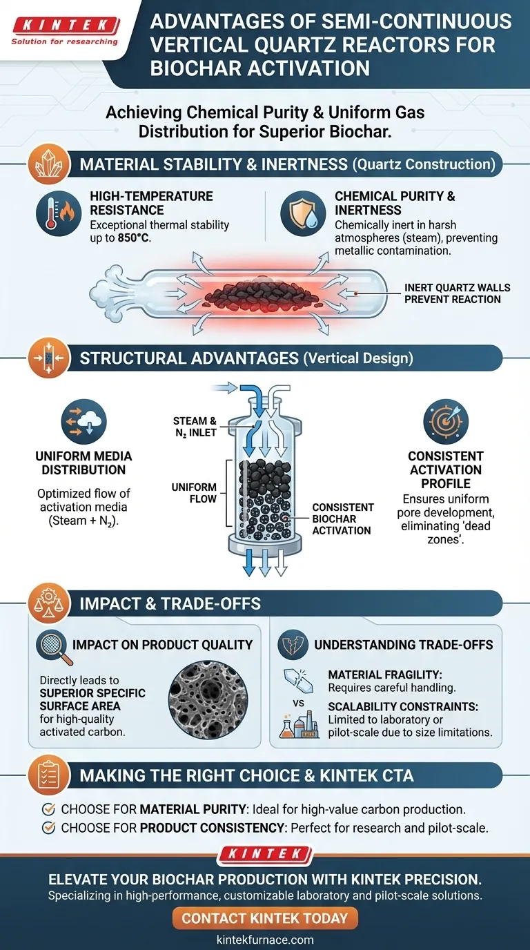 ¿Cuáles son las ventajas de utilizar un reactor vertical de cuarzo semicontinuo para la activación de biocarbón? Mejora la pureza del carbono Guía Visual