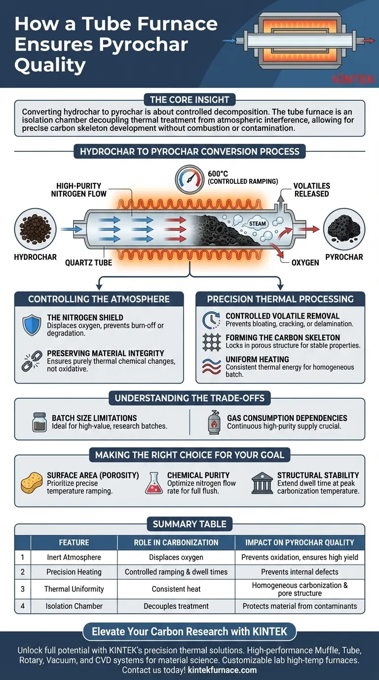 Comment un four tubulaire garantit-il la qualité des matériaux carbonés ? Contrôle de précision pour la conversion de l'hydrochar en pyrochar Guide Visuel