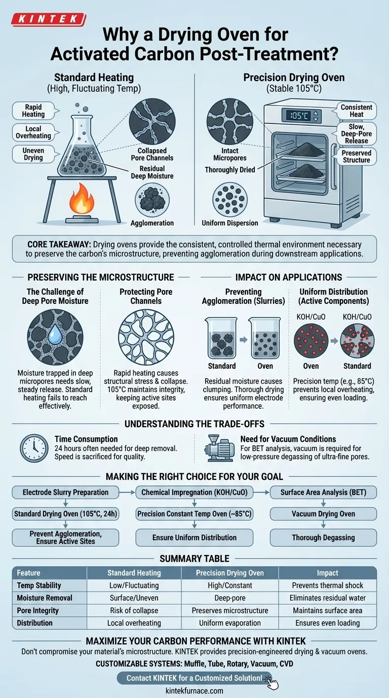 为什么在活性炭的后处理清洁中更倾向于使用烘箱？保护您的材料结构 图解指南