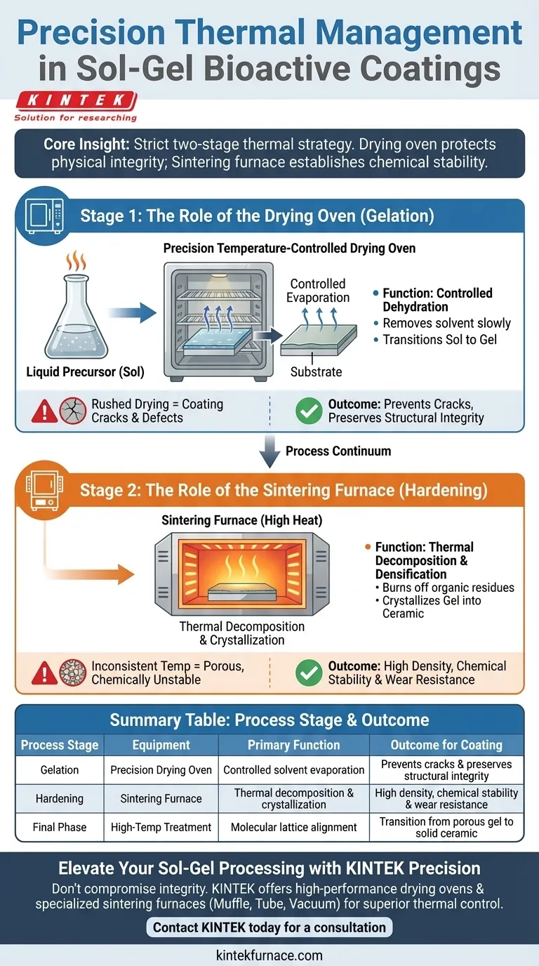 Quais funções os fornos de secagem e os fornos de sinterização desempenham no Sol-Gel? Otimizar a Integridade do Revestimento Bioativo Guia Visual