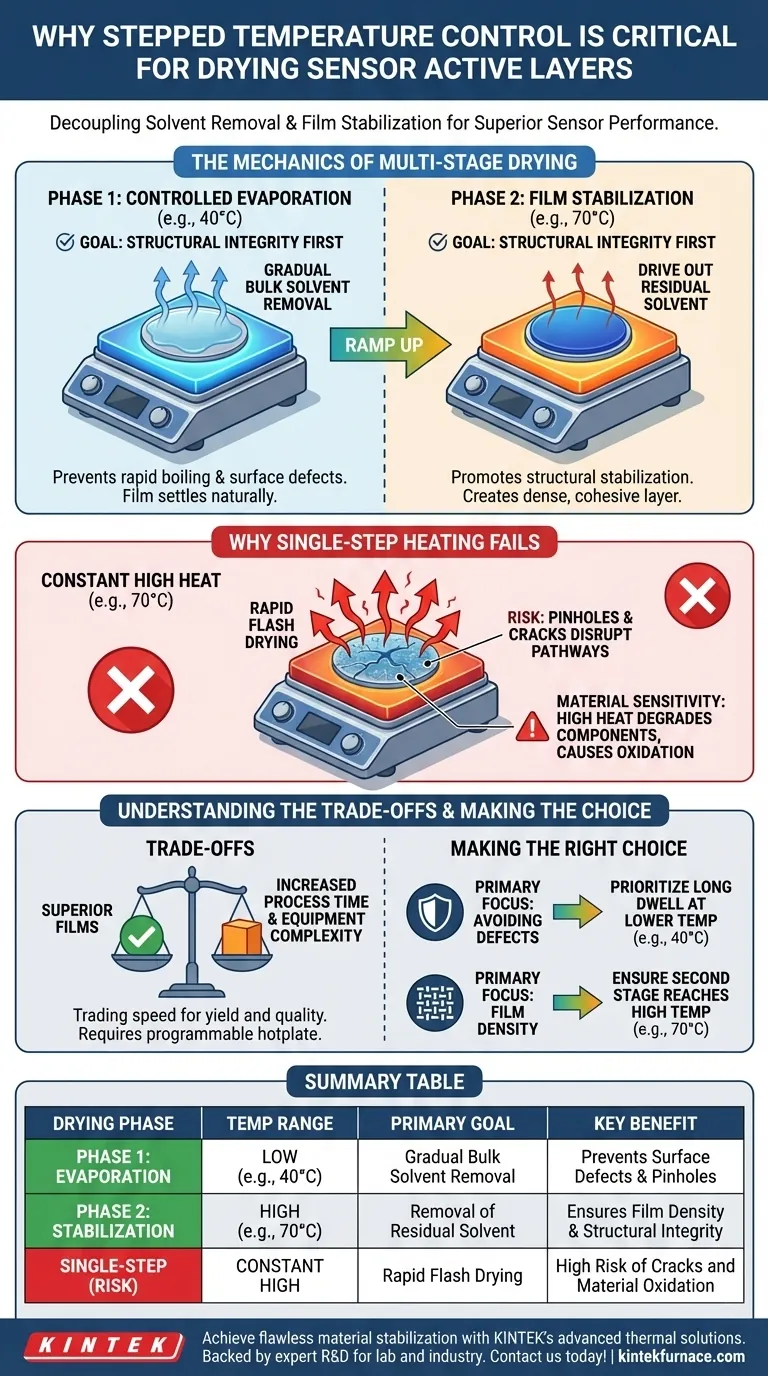 Perché il controllo della temperatura a gradini su una piastra riscaldante da laboratorio è necessario per asciugare gli strati attivi dei sensori? Aumenta la precisione Guida Visiva