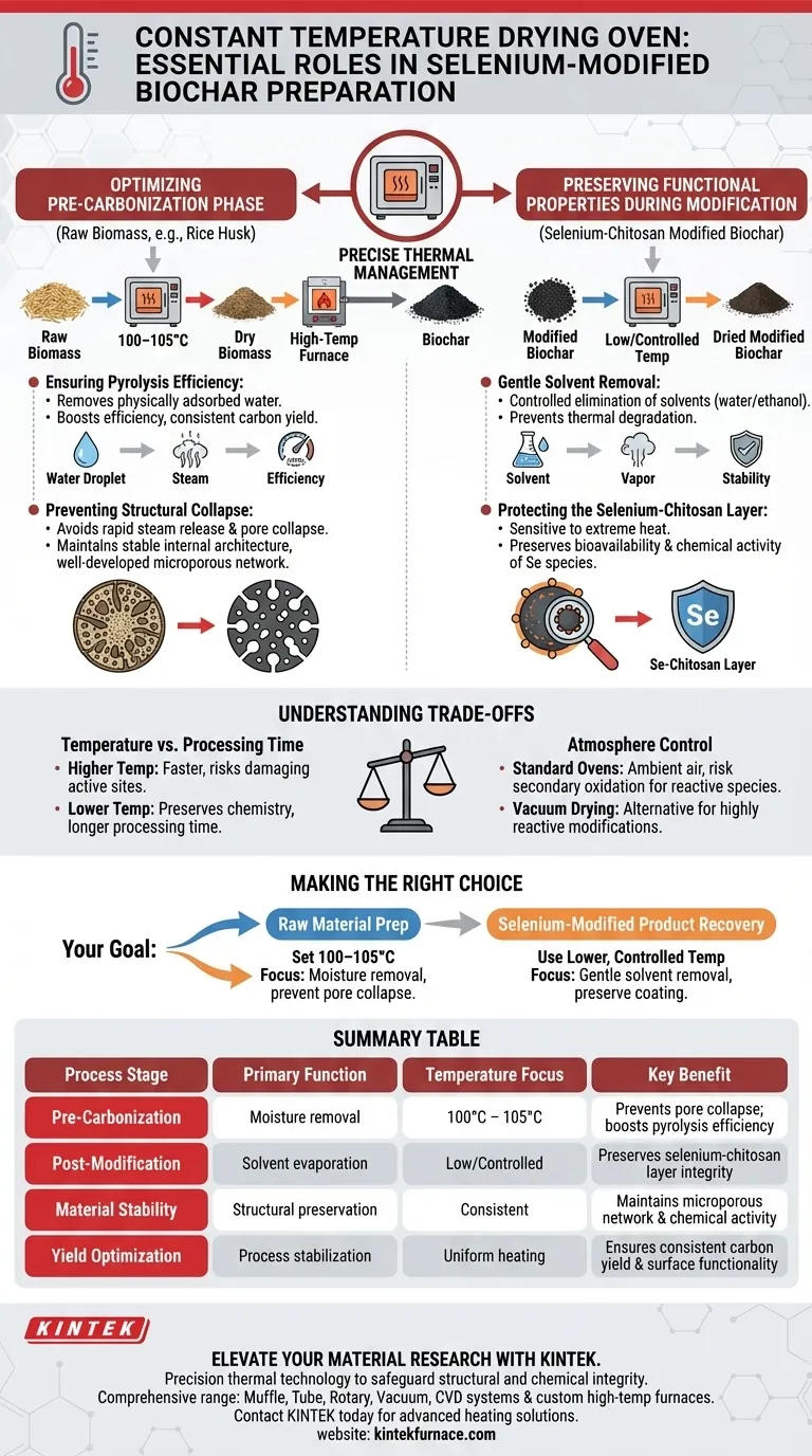Quais são as principais aplicações de um forno de secagem a temperatura constante? Modificação de Selênio de Biochar Mestre Guia Visual
