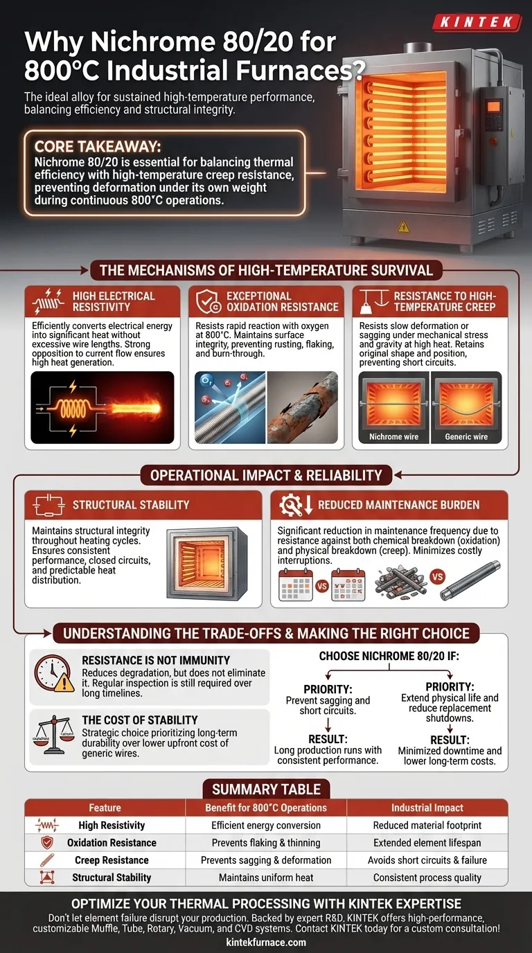 Что делает сплав нихрома 80/20 подходящим для нагревательных элементов при 800°C? Экспертные мнения о долговечности Визуальное руководство