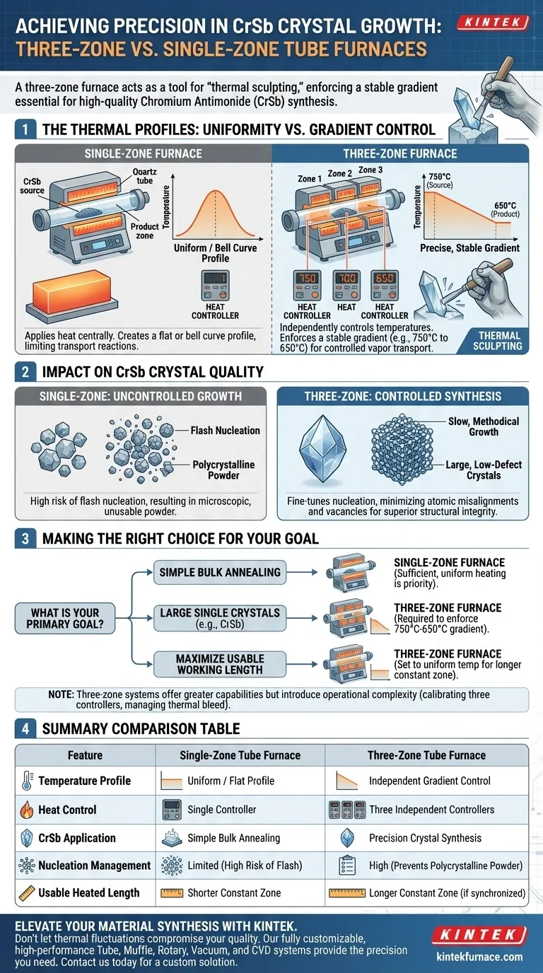 ¿Qué ventajas técnicas ofrece un horno tubular de tres zonas para CrSb? Master Precision Crystal Engineering Guía Visual