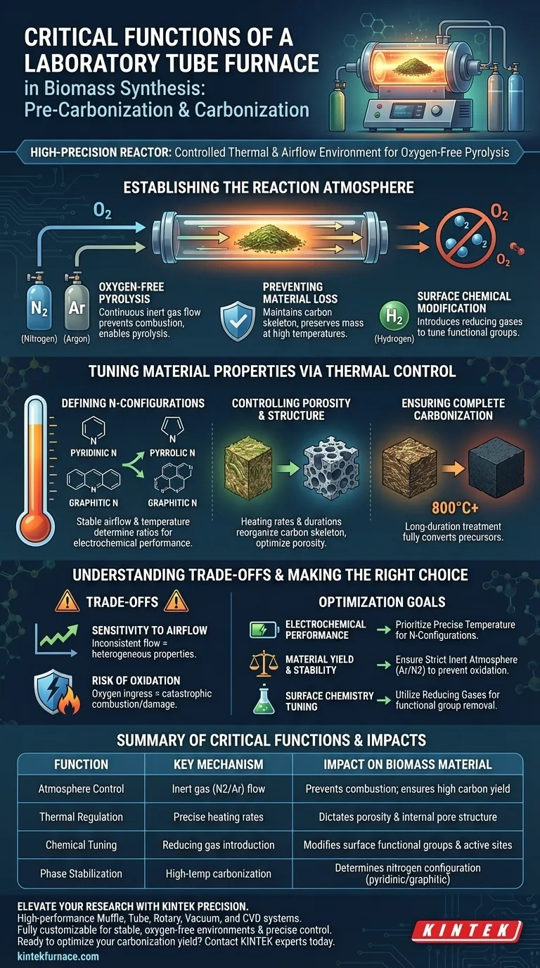 Quais são as funções críticas de um forno tubular de laboratório na síntese de biomassa? Otimize seu processo de carbonização Guia Visual